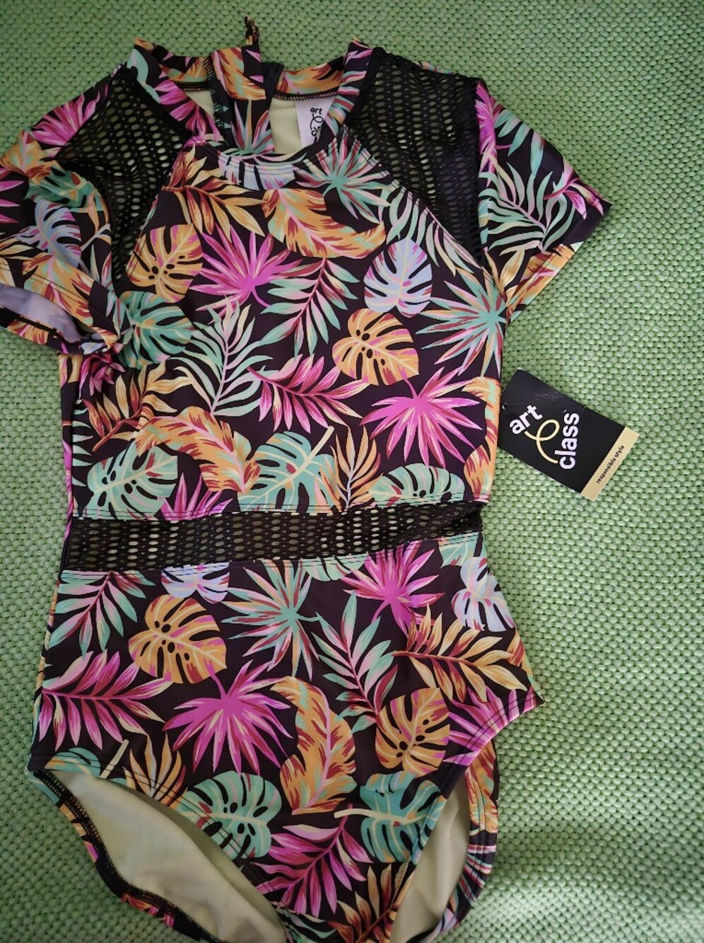 NWT - Art Class Girls Tropical Floral One-Piece Swimsuit with Mesh & Zipper Back